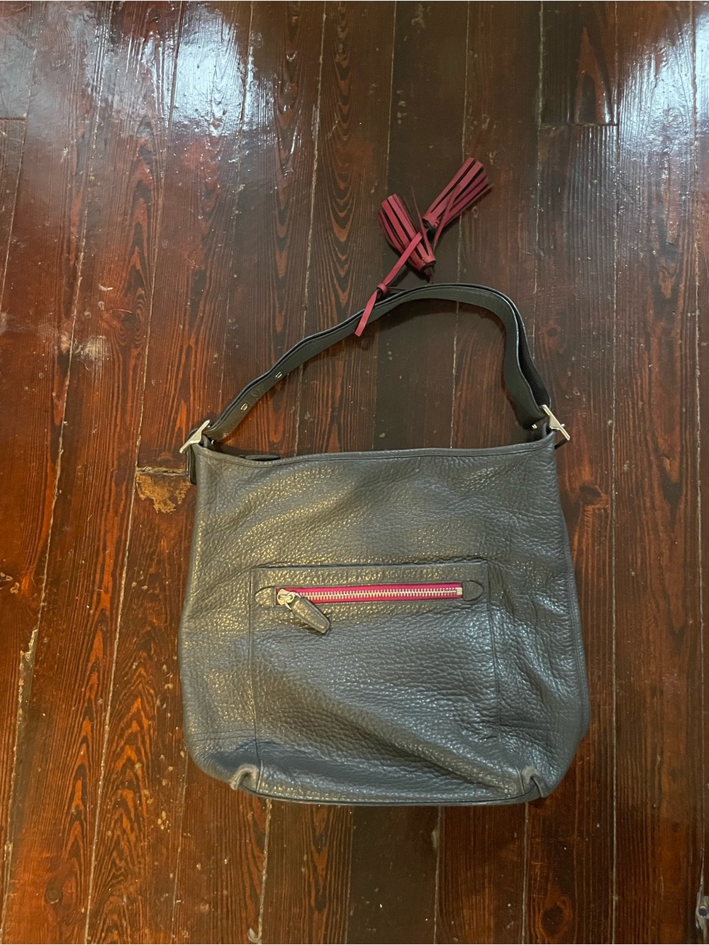 Coach Black Leather Shoulder Bag with Pink Zipper and Tassel